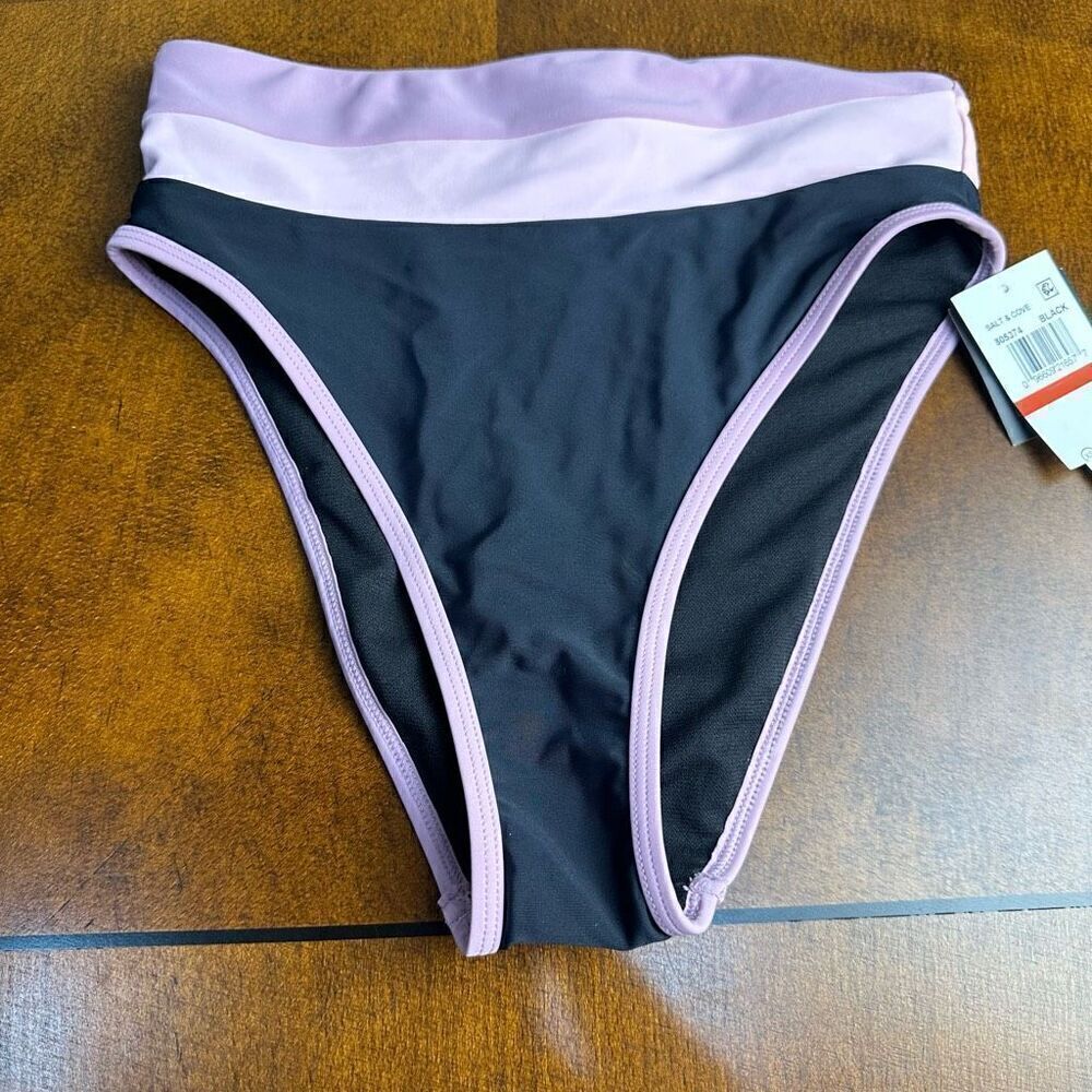 Salt & Cove NWT size XS black high cut swim bottoms with pink waistband